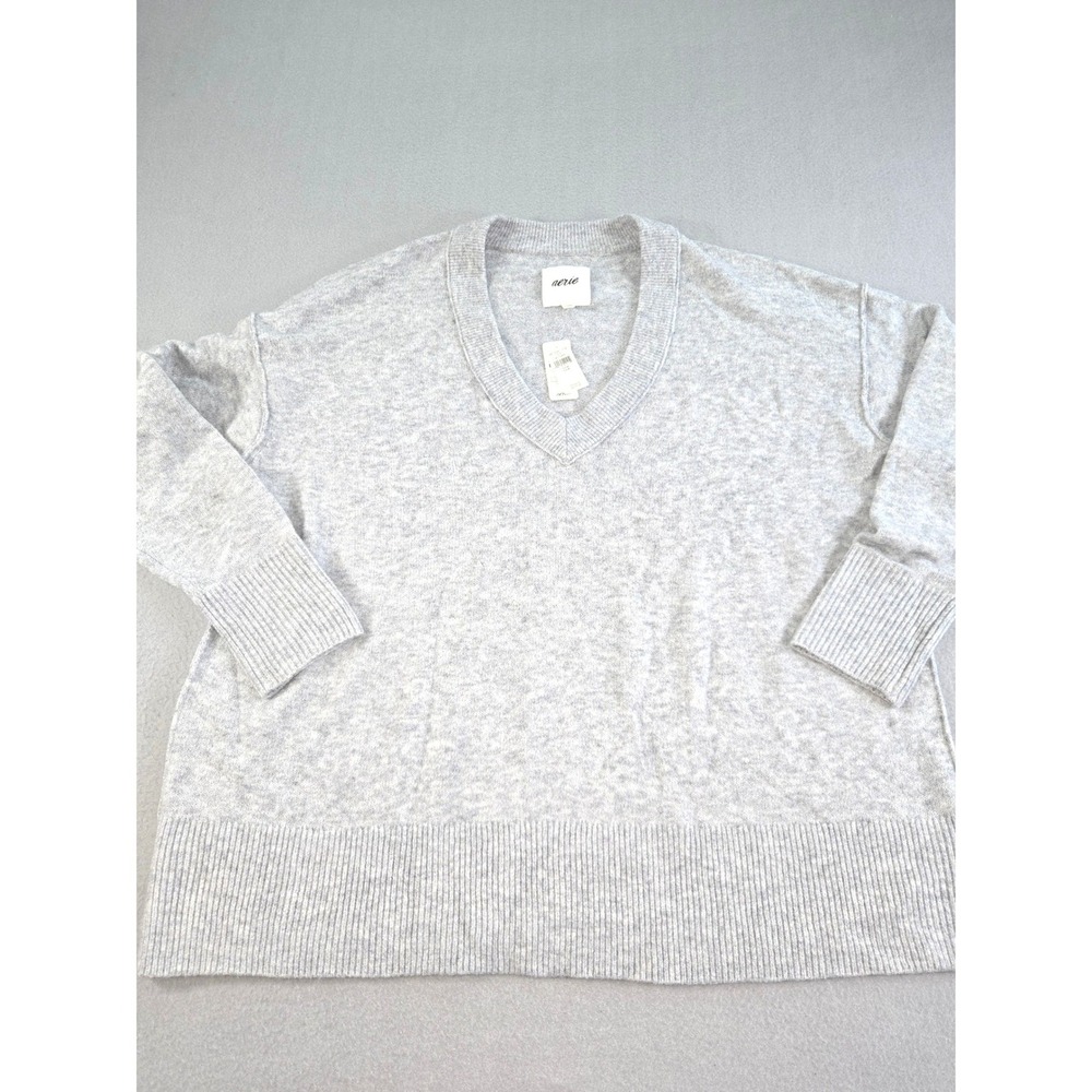 Aerie V-Neck Sweater Women Medium Grey Oversized Ribbed Knit Pullover 4405046653